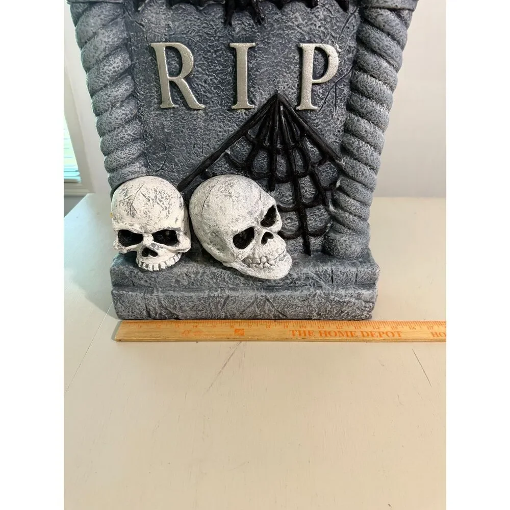 Large Halloween RIP Tombstone Decor Light-Up Skull Eyes Bat Spider Web Prop
